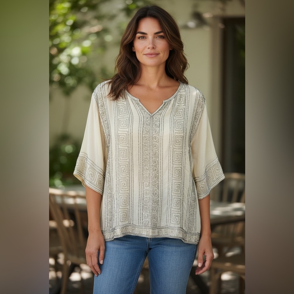 Calypso St. Barth Bixi Beaded Embellished Short Sleeve Blouse Size Small Elegant